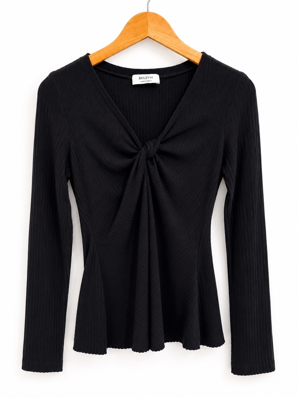 Bailey 44 Black Ribbed Knot-Front Long Sleeve Top